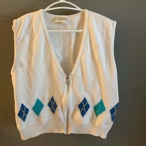 Vintage Marcia 100% cotton White Zip-Up Vest with Blue and Green Argyle Pattern